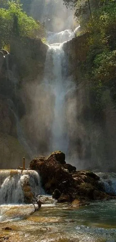 Serene waterfall flowing through lush green forest.