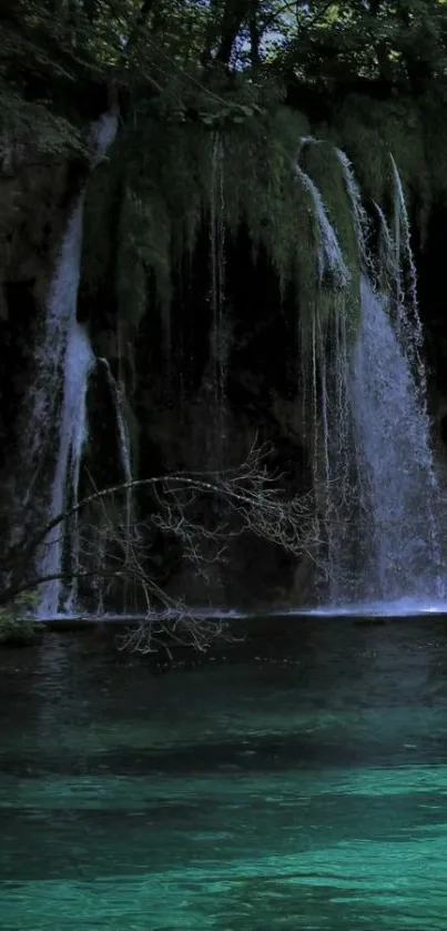 Serene waterfall with lush greenery and emerald waters