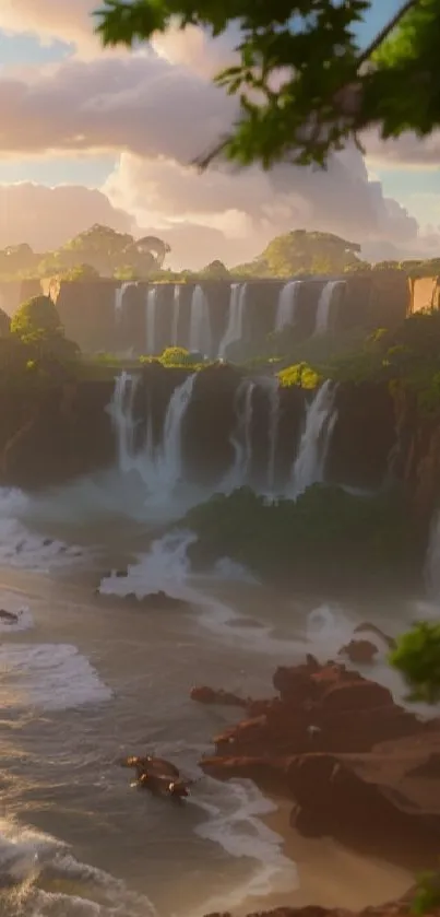 Scenic view of cascading waterfalls amidst lush greenery at sunset.