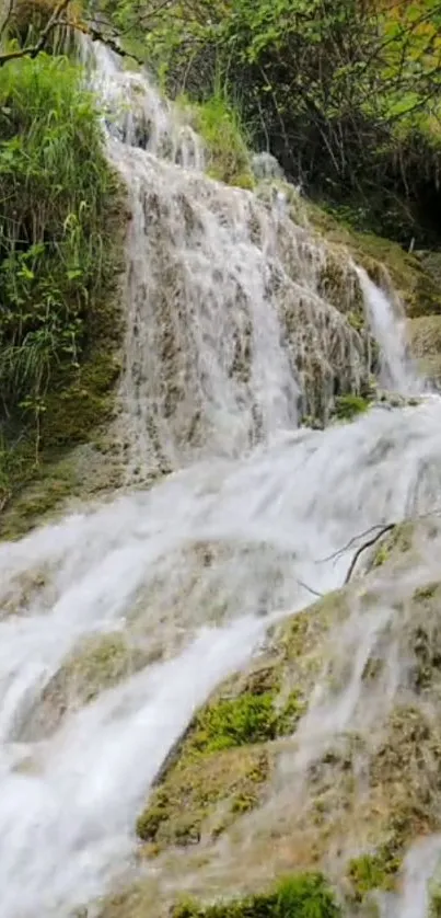 Cascading waterfall in lush green landscape.