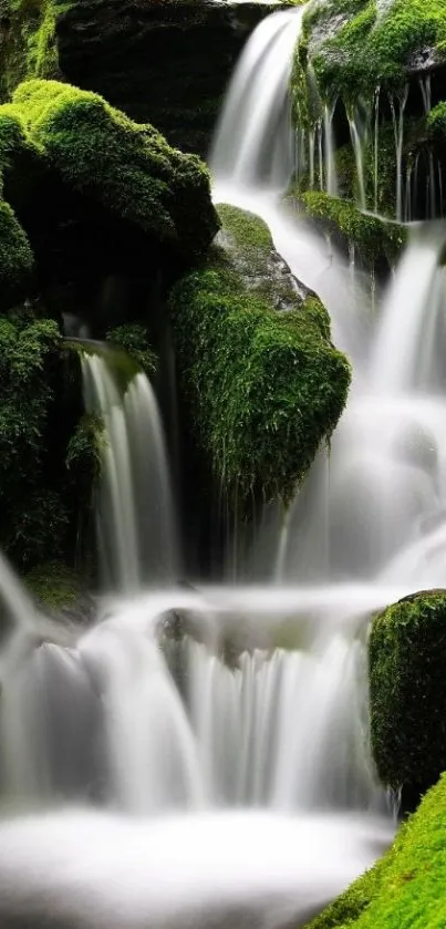 Serene waterfall with lush green moss and cascading water.