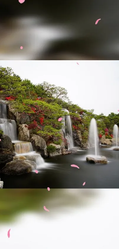 Serene waterfall with lush greenery and blossoms, ideal for a nature wallpaper.