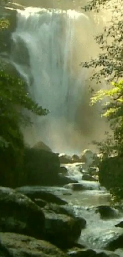 Tranquil waterfall surrounded by green forest.