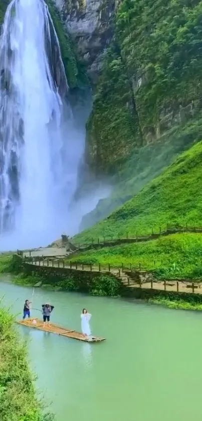 Serene waterfall with lush greenery and a tranquil river scene.