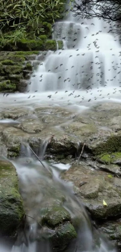 Tranquil waterfall in lush forest with flowing water and rocks.