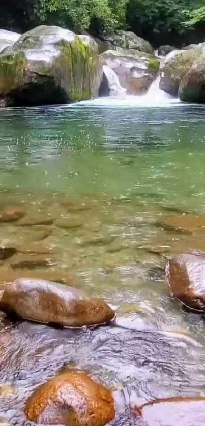 Serene waterfall in lush green forest.