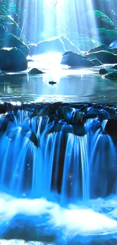 Serene waterfall with blue waters and lush greenery.