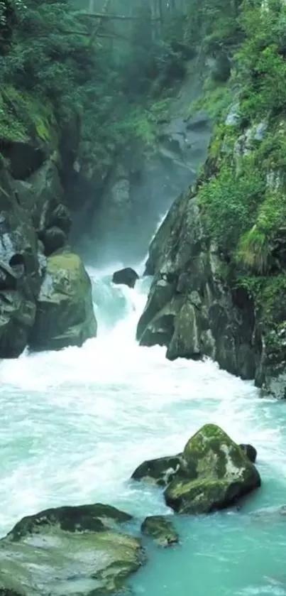 Serene waterfall flowing through lush green forest cliffs.