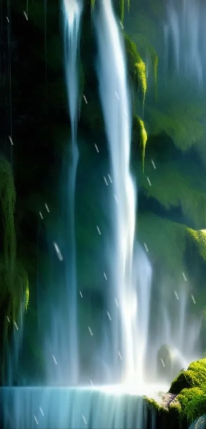 Breathtaking waterfall cascading amidst lush green foliage.