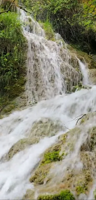 Serene waterfall with lush greenery and smooth flowing water.