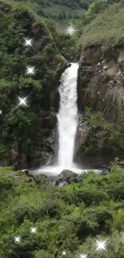 Serene waterfall surrounded by lush greenery with sparkling stars.