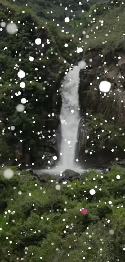 A serene waterfall amidst lush greenery with gentle falling water droplets.