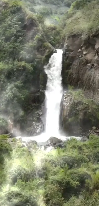 Serene waterfall cascading amid lush green landscape.