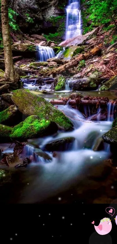 Majestic waterfall in lush forest landscape, perfect for mobile wallpapers.