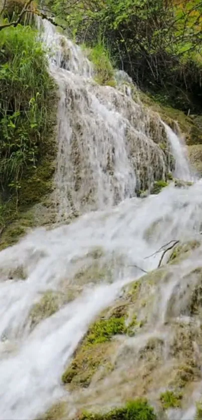 Serene waterfall cascading over lush green rocks in a tranquil forest setting.