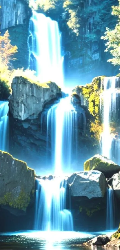 A beautiful waterfall surrounded by lush greenery.