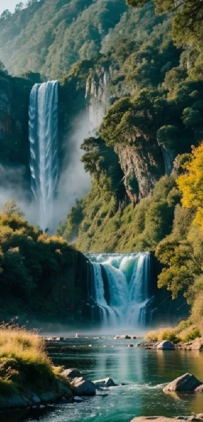 Serene waterfall flowing through lush green forest landscape.