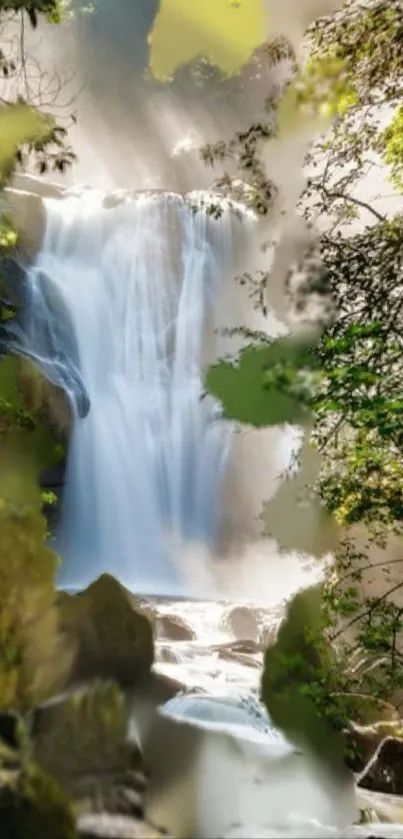 A serene waterfall amidst lush green forest in nature wallpaper.