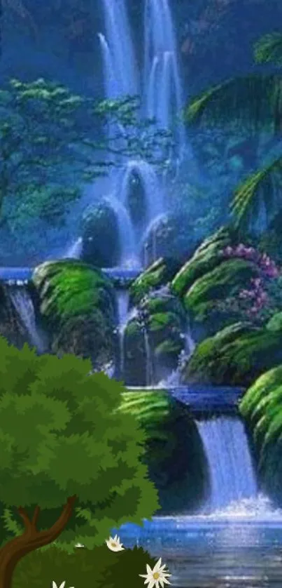 Serene waterfall and lush greenery mobile wallpaper.