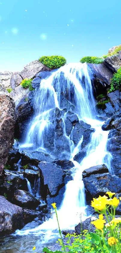 Tranquil waterfall set amidst rocky landscape and colorful flowers.