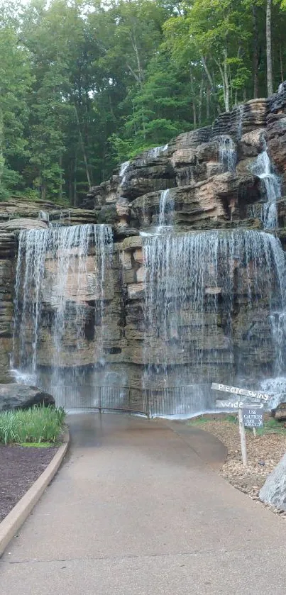 A serene waterfall flowing over rocky cliffs surrounded by lush green forest.