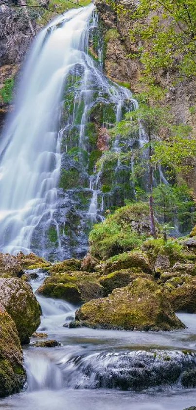 Serene waterfall in lush forest with rocky landscape.