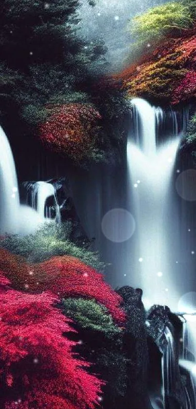 Tranquil waterfall and vibrant foliage wallpaper.