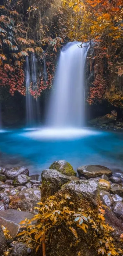 Waterfall in a vivid autumn forest, serene and scenic view.