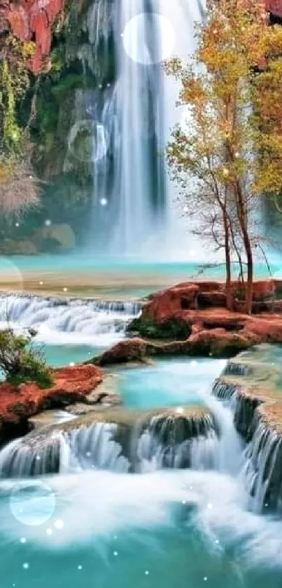 Scenic waterfall with turquoise water and autumn foliage in a peaceful setting.