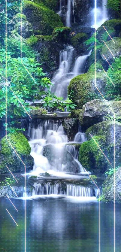 Serene waterfall cascading over moss-covered rocks in lush, green landscape.