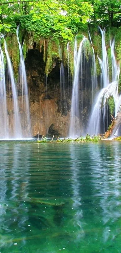 Serene waterfall with lush greenery and tranquil waters