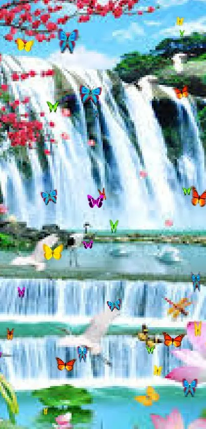 Serene waterfall with flowers and birds in vibrant nature wallpaper.