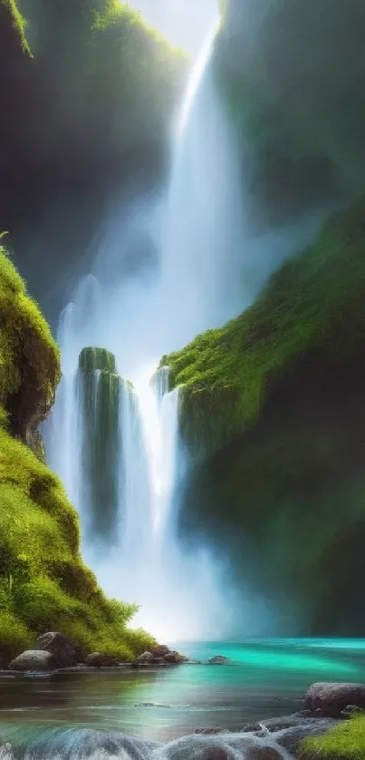 A serene mobile wallpaper featuring a lush waterfall scene.