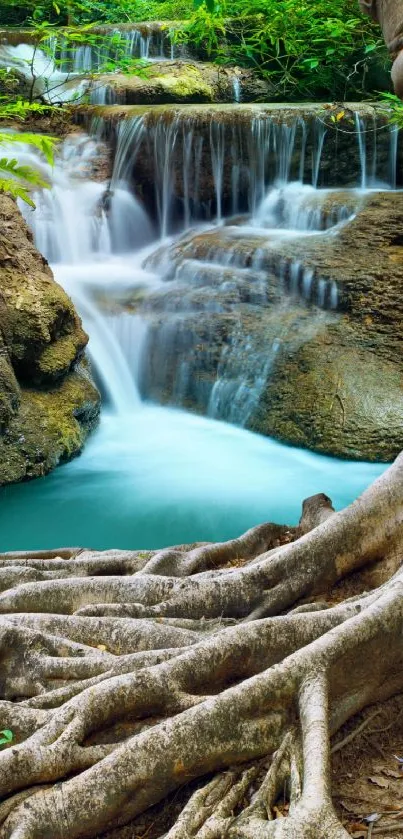 Stunning waterfall and tree roots in a lush green forest setting.