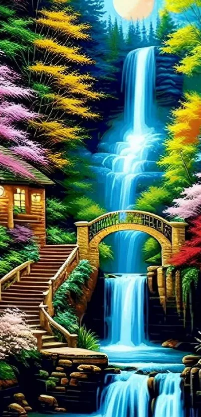 Vibrant waterfall and bridge beneath a full moon in a colorful forest.