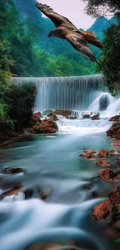 Serene waterfall with lush greenery and flowing stream, perfect for nature lovers.