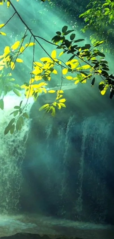 Serene waterfall with sunlit leaves and green forest background.