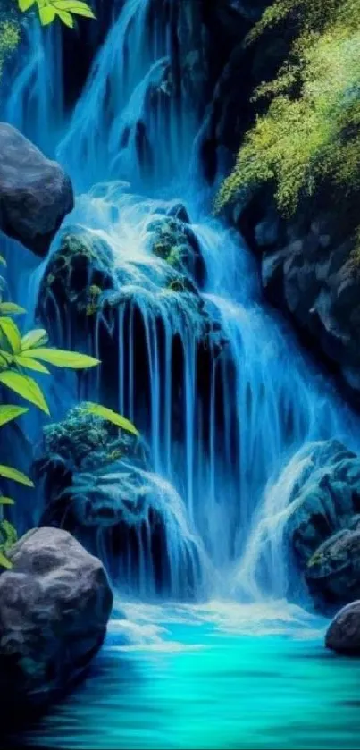 Waterfall with blue cascades and lush greenery in a serene setting.