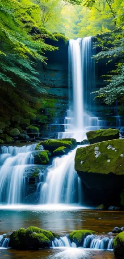 Serene waterfall with lush greenery in a tranquil nature setting.