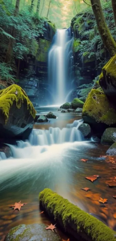 Serene waterfall cascading through lush green forest.