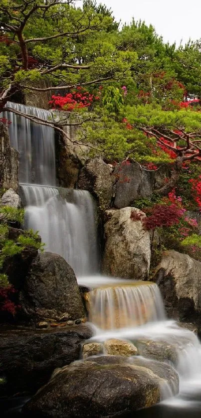 Serene waterfall with lush greenery and rocks in a peaceful nature scene.