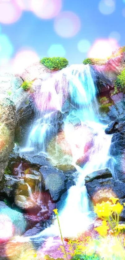 Serene waterfall with blue sky and lush greenery.