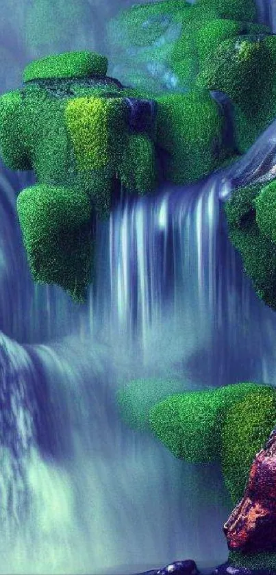 Beautiful waterfall with vibrant green moss and cascading water.