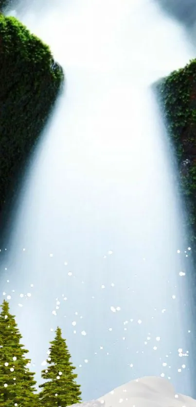 Tranquil waterfall with greenery and snowy trees in a serene landscape.