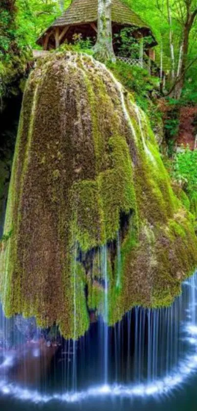 Serene waterfall with lush green surroundings in nature wallpaper.