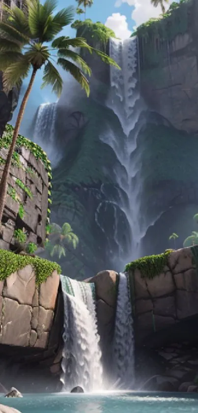 A serene waterfall amidst lush green cliffs and palm trees, perfect for mobile.