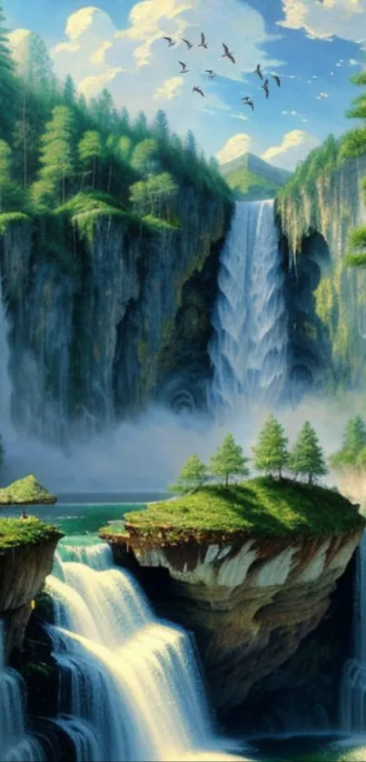 Serene waterfall wallpaper with lush greenery and cascades.