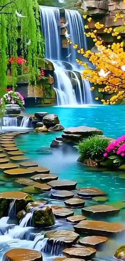 Serene waterfall oasis with lush greenery and vibrant flowers.