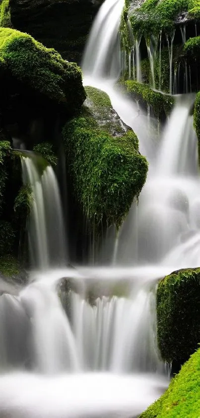 Waterfall cascading over mossy rocks, creating a serene nature scene.