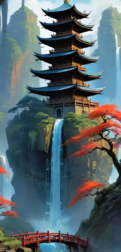 Artistic mobile wallpaper with pagoda, cascading waterfalls, and autumn trees.